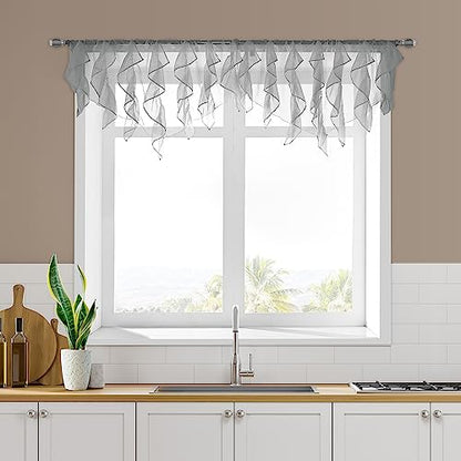 PearAge Ruffled Voile Semi Sheer Curtain Valance, Kitchen Living Room Shabby Chic Ruffle Valance Curtains, Girls Daughters Bedroom Cascade Window Valance 52x26 Inches (Grey-Triangle) - color: Grey