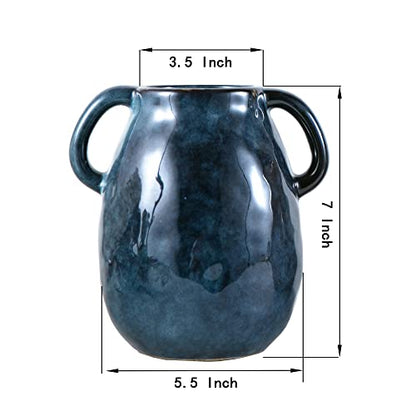 Tanvecle Blue Ceramic Vase with Handles, 7" Modern Farmhouse Decor - color: Blue