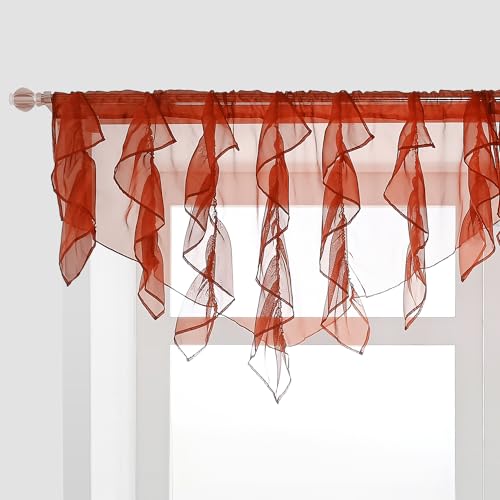 PearAge Ruffled Voile Semi Sheer Curtain Valance, Kitchen Living Room Shabby Chic Ruffle Valance Curtains, Girls Daughters Bedroom Cascade Window Valance 52x26 Inches (Red-Triangle) - color: Red