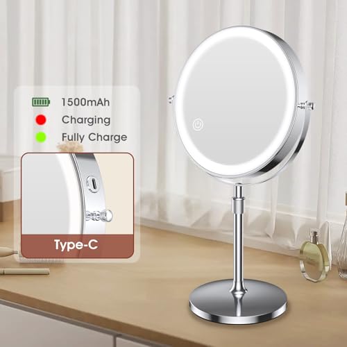 MILPROX Adjustable Height Makeup Mirror with 10X Magnifying & Light, Silver - color: Silver