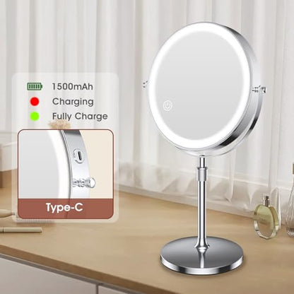 MILPROX Adjustable Height Makeup Mirror with 10X Magnifying & Light, Silver - color: Silver