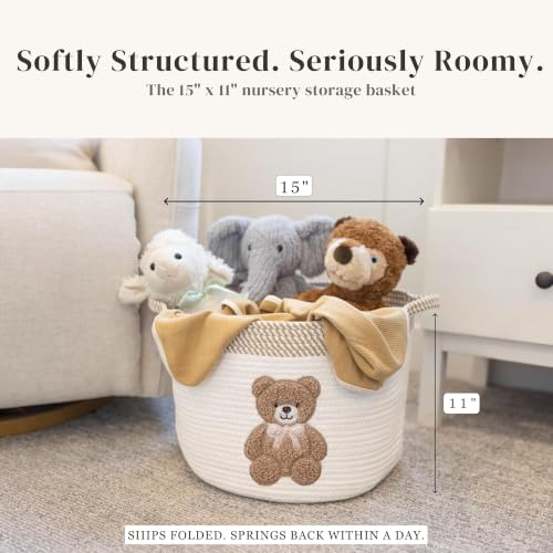Teddy Bear Baby Storage Basket, Woven Cotton Rope Nursery Bin, 15x11 in - color: Neutral Teddy