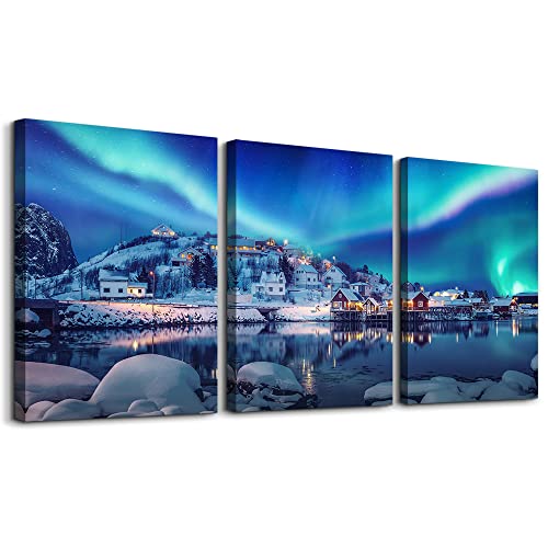 Aurora Landscape Canvas Wall Art - 3 Piece Stretched & Framed Wall Paintings Ready To Hang For Living Room, Bedroom & Office - color: Wall Art Aurora Landscape Paintings, size: 16L" x 12W"