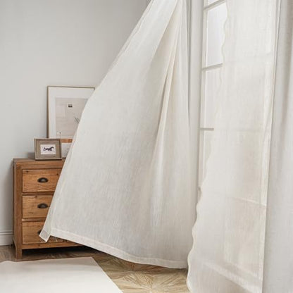 DriftAway Semi Sheer Scalloped Edge Linen Coastal Beach Window Curtains for Living Room Bedroom 2 Panels Rod Pocket Each Size 52 Inch by 96 Inch Taupe - color: Linen Taupe, size: 52"W x 96"L (Pack of 2)