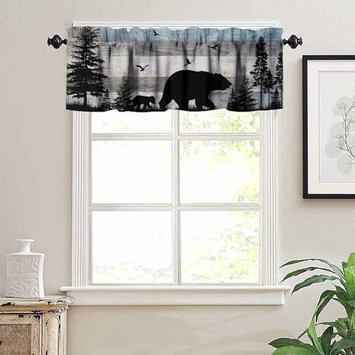 Rustic Bear Valance, Retro Woodland Wild Animals Farmhouse Country Wooden Board Pine Forest Bear Bird Print Rod Pocket Short Window Treatment for Kitchen Bedroom Bathroom, 54x18inch - color: Deer-6