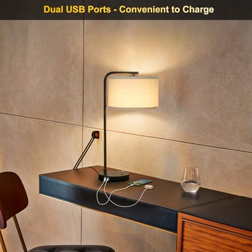 25" Tall Bedside Table Lamp with USB C+A Ports, Fully Dimmable Desk Lamp - color: Black with Brushed Gold