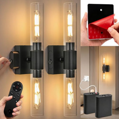 civaca Peel and Stick Wall Sconces, Black Battery Operated Wall Sconce