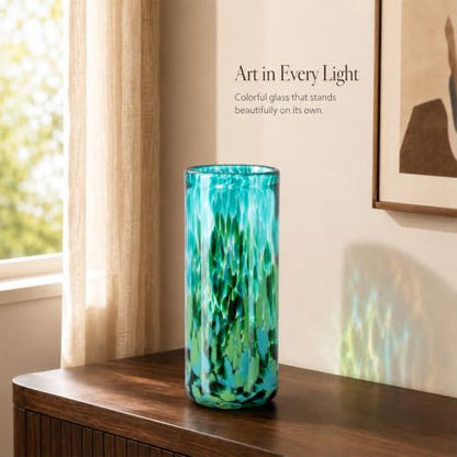 9.45in H Sea Glass Cylinder Vase Unique Hand Blown Glass Vase for Flower - color: Dark Green
