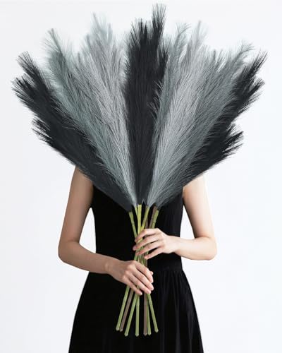 Faux Pampas Grass, 8 Pcs 35.4" Tall Pampas Grass Vase Filler, Mixed Color - color: Black, Grey, Silver, size: 35.4inch-8Pcs