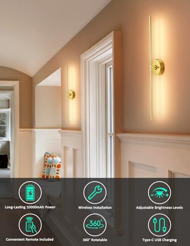 Wall Sconces Battery Operated Set of 2, 10000mAh Rechargeable Wall Lights - color: Gold
