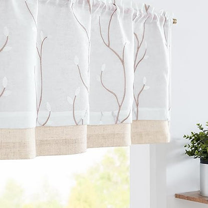 jinchan Linen Kitchen Valance Sheer Leaf Embroidered 18 Inch 1 Panel White - color: Leaf | White