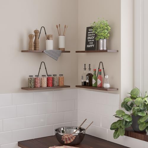 Rustic State Moma Wall Mounted Narrow Decorative Floating Shelves with Triangle Brackets - Picture Ledge, Display for Collectibles Memorabilia Awards Objects Toiletries - Set of 4 - Walnut