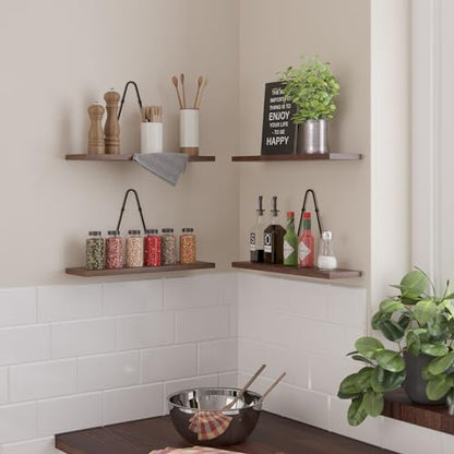 Rustic State Moma Wall Mounted Narrow Decorative Floating Shelves with Triangle Brackets - Picture Ledge, Display for Collectibles Memorabilia Awards Objects Toiletries - Set of 4 - Walnut