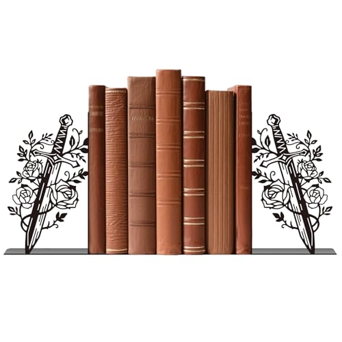 Metal Bookends Flower & Dagger Bookends Decorative Cute Book Ends for Shelves Unique Book Ends for Book Lovers Gift Reading Decor Bookshelf Decor - color: Black - 1 Pair Dagger & Rose