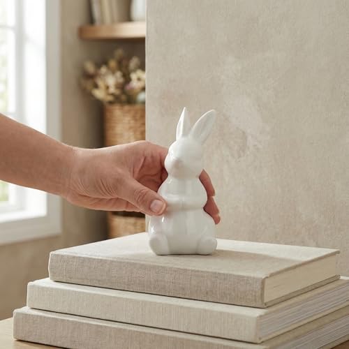 2Pcs Easter Bunny Figurines White Ceramic Rabbit Statues for Spring Home Decoration, Small Animal Sculpture for Tabletop Centerpiece, Cute Mini Holiday Party Shelf Ornaments