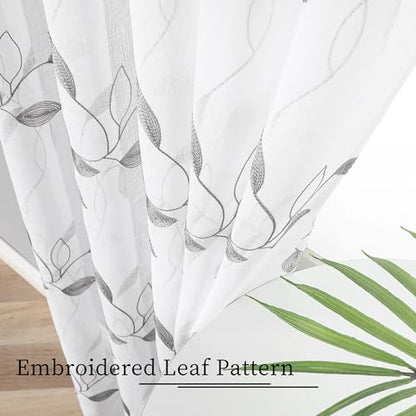 Tollpiz Grey Leaf Sheer Curtain Bedroom Short 38 x 45 Inches - color: Grey, size: 38"W x 45"L (Pack of 2)