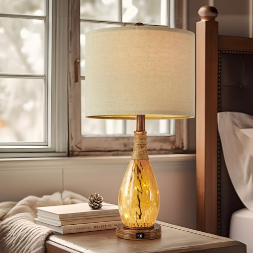 OYEARS 23" USB A+C Table Lamp for Bedroom Living Room Modern Bedside Lamps Retro Farmhouse Rattan Glass Nightstand Nightlight Lamps (Amber),Two Light Points - color: Wood Brown