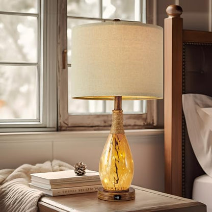 OYEARS 23" USB A+C Table Lamp for Bedroom Living Room Modern Bedside Lamps Retro Farmhouse Rattan Glass Nightstand Nightlight Lamps (Amber),Two Light Points - color: Wood Brown