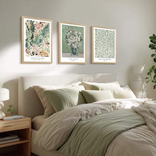 LLEEMPI Van Gogh Canvas Wall Art Set of 3, Sage Green 12x16 Framed Prints - color: VanGoghMatisse(Wood), size: 16"L x 12"W