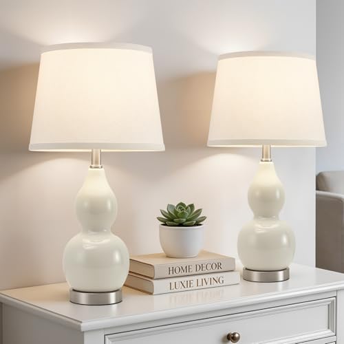 GyroVu 22" Table Lamp Set of 2, Color Temperature Adjustable Double Gourd Ceramic Lamps Classic Nightstand Table Lamps for Bedroom Beside Lamps for Living Room, Cream-Bulbs Included - color: 22.63" Cream Gourd