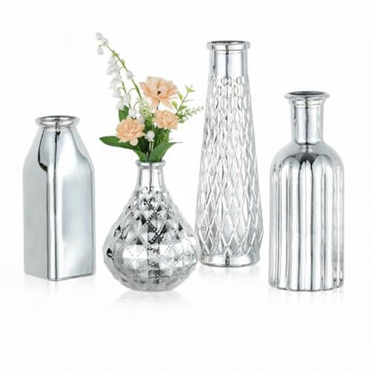Glasseam Silver Glass Vase for Single Flower: 4 Pcs Small Decorative Vases - size: 4pcs