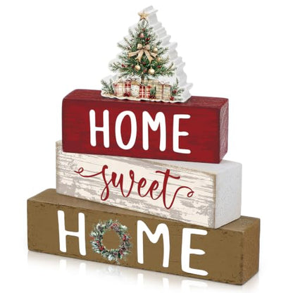 Cinnvoice 4 Pcs Red Christmas Tree Wooden Home Sweet Home Block Shelf Decor - style: Christmas Tree