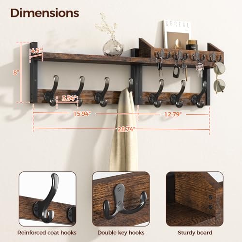 Evermagin 29" Coat Rack Wall Mount with Shelf for Entryway, Rustic Brown - color: Rustic Brown, size: 29 inch
