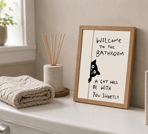 Framed Funny Cat Wall Art, Black White Animal Bathroom Painting, 12x16in - color: Black Cat, size: 12x16in