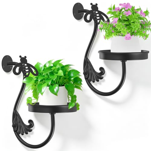 Metal Wall Plant Holder 2Pcs Indoor Outdoor Wall Flower Shelf - color: Black-Bees-2Pcs