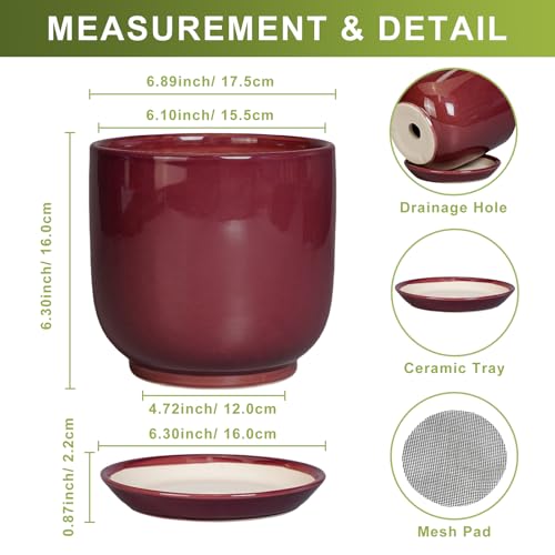 Ceramic Planter for Plants, Round Modern 7 Inch Plant Pot, Red - color: Red, size: 7 Inch