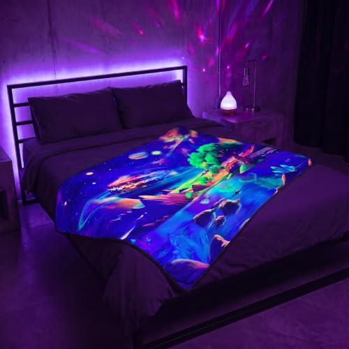 Blacklight Galaxy Space Throw Blankets Glow in the Dark Black Light Fantasy Lake Planet Throw UV Reactive Cosmic Blanket Throw for Bedroom Dorm Decor 59”x51” - color: Galaxy Green Tree