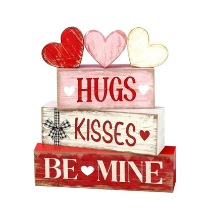 Valentines Day Decorations - Valentine Tiered Tray Decor Set - Wooden Table Decoration with Heart Signs - Rustic Farmhouse Valentine’s Day Home Decor Indoor for Shelf Mantel Coffee Table Gift - style: HUGS / KISSES