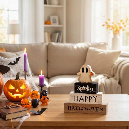 Smile Halloween Wooden Block Decor Set Ghost Pumpkin Spooky Tabletop Signs - style: Halloween Ghost