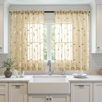 MIULEE Beige Sheer Curtains 2 Panels Embroidered Leaf Patterned, W52 x L45 - color: Beige, size: 52"W x 45"L (Pack of 2)
