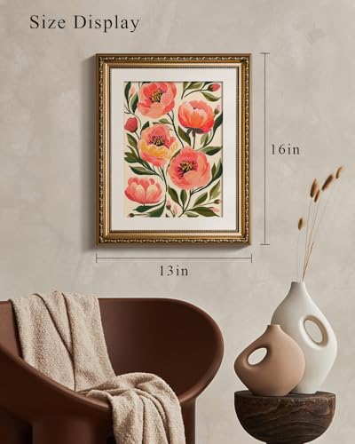 VIYYIEA Gold Framed Peony Floral Wall Art, 13×16 Inch - color: Blooming Flowers, size: 16"L x 13"W
