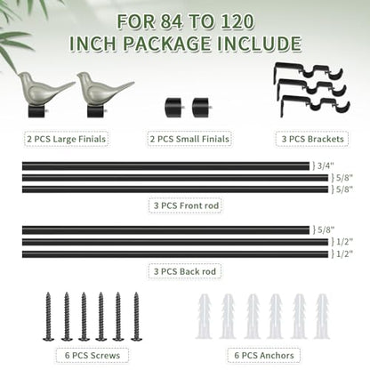 3/4" Diameter Farmhouse Double Window Treatment Curtain Rod, Pewter Bird Finials (84"-120", Black Rod) - color: Black with Pewter Finial, size: 84"-120"