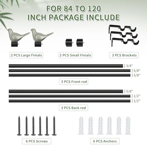 3/4" Diameter Farmhouse Double Window Treatment Curtain Rod, Pewter Bird Finials (84"-120", Black Rod) - color: Black with Pewter Finial, size: 84"-120"