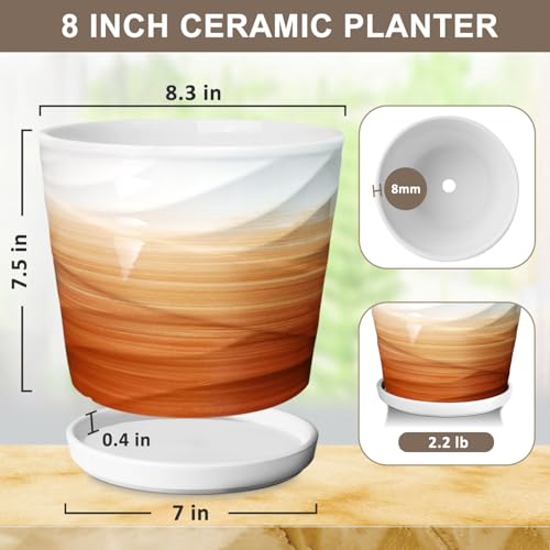 8 Inch Ceramic Plant Pot, Khaki + White - color: Khaki + White, size: 8 Inch-1 Pack