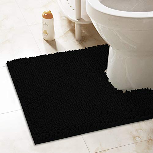 ITSOFT 24"x21" U-Shaped Non-Slip Shaggy Chenille Toilet Contour Bathroom Rug with Water Absorbent, Black - color: Black, size: 24" x 21" (U-Shaped)