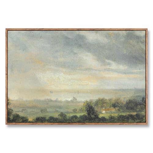 ElfLuna Wood Framed Canvas, Vintage Green Grassland Landscape Print - color: High cloudy sky, size: 24"L x 16"W