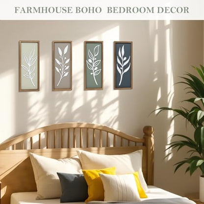 3D Tree Leaf Wooden Framed Boho Wall Art (Set of 4) - color: Multi Colors, size: 7"X16"