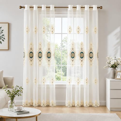 VOGOL Blue Simple Chenille Jacquard Sheer Window Elegance Curtains/Drapes/Panels/Treatments for Bedroom Living Room,Top Grommets, Two Panels, W54 x L96 inch - color: Blue-sheer, size: 54"W x 96"L (Pack of 2)