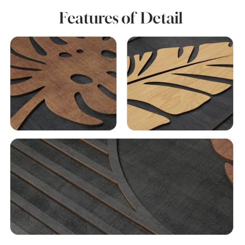 Framed 3D Wood Tropical Botanical Textured Wall Decor Living Room, 24x36 In - color: Black Brown