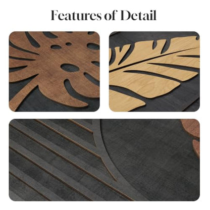 Framed 3D Wood Tropical Botanical Textured Wall Decor Living Room, 24x36 In - color: Black Brown