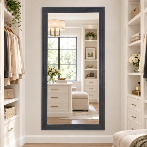81x41in Full Length Mirror, 3-Tier Stepped Solid Wood Frame, Black - color: Black, size: 81"L x 41"W