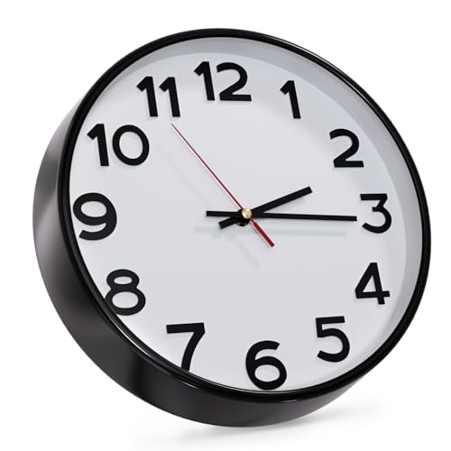 Wall Clock Silent Non-Ticking Battery Operated Indoor Analog Simple Style Modern Quartz Movement 3D Dial Easy to Read Decor for Home/Office/Living Room/Bedroom/Kitchen(White-Black, 12 inch) - color: White-black