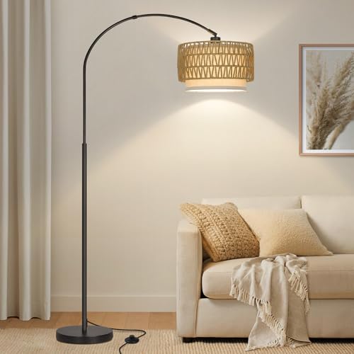 Rattan Floor Lamp, Arc Floor Lamps for Living Room, Farmhouse Standing Lamp with Adjustable Hanging Fabric Shade, Tall Pole Lamp with Foot Switch, Over Couch Arched Reading Light for Bedroom, Office - color: Black Base with Rattan Shade