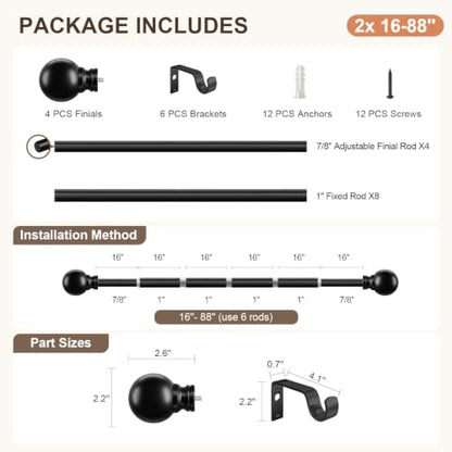 Modern Black Curtain Rods 2 Pack for Windows 48 to 84 Inches - color: black, size: 16"-88"|2 Pack