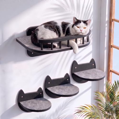 Cat Wall Shelves, Modern Cat Wall Furniture for Indoor Cats - Black - color: Black, 3 Steps + Perch
