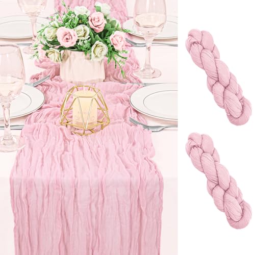 2 Pack 120 Inch Pink Cheesecloth Table Runner Boho Rustic Gauze Sheer Romantic 10 FT Long Cheese Cloth Table Runner for Bridal Baby Shower Wedding Party Birthday Holiday Home Easter Decor - color: Pink